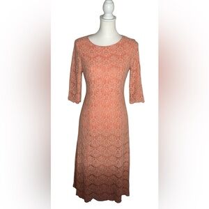 Dainty Jewells EUC Coral Peach Midi 3/4 Sleeve Lace Dress Sz M Boho Feminine